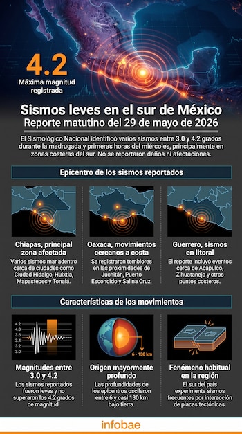 Infografía del Sismológico Nacional sobre sismos leves en México, con mapa del país, puntos de epicentros, gráficos de magnitud, profundidad y placas tectónicas.