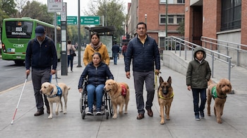 Personas con bastón blanco y en silla de ruedas caminan por acera de Ciudad de México, guiadas por cuatro perros de asistencia. Metrobús verde al fondo.