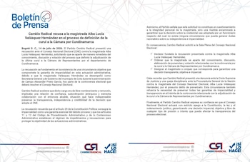 Cambio Radical presentó una recusación ante el Consejo Nacional Electoral (CNE) para solicitar que la magistrada Alba Lucía Velásquez Hernández - crédito @PCambioRadical/X