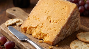 Un trozo de queso cheddar, galletas saladas, uvas rojas y un cuchillo metálico sobre una tabla de madera.