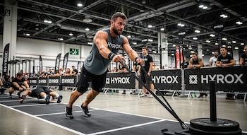 Atleta masculino empujando un trineo con pesas en una pista negra, vestido con camiseta gris de Hyrox, en un evento interior con otros atletas y público.