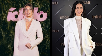 Dos retratos contiguos de Stephanie Demner con vestido sastre rosado y Zaira Nara con un saco blanco frente a paneles publicitarios.