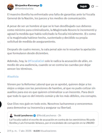 El abogado Alejandro Carranza aseguró que Ricardo Bonilla no ha tenido garantías procesales y cuestionó el rol de la Fiscalía General de la Nación - crédito @HombreJurista/X