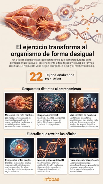 Infografía con ilustraciones de fibras musculares, células y cadenas de ADN, acompañada por textos explicativos y cifras sobre el entrenamiento.