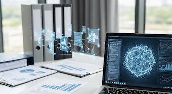 Una computadora portátil con pantalla que muestra un modelo de inteligencia artificial. Carpetas y documentos de oficina conectados visualmente a la pantalla.