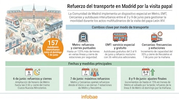 Infografía sobre el plan de movilidad en Madrid por la visita papal, mostrando ilustraciones de metro, autobús, papamóvil, trenes y multitud de personas.