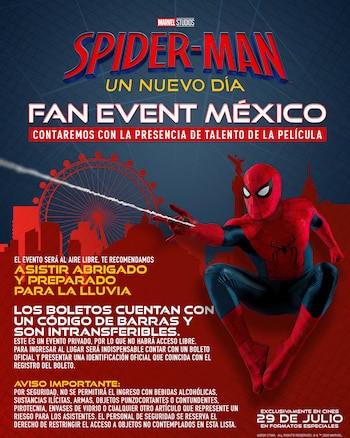 Póster publicitario de Spider-Man con el título "Un Nuevo Día". Muestra al personaje lanzando telaraña sobre un fondo urbano y el texto "Fan Event México"