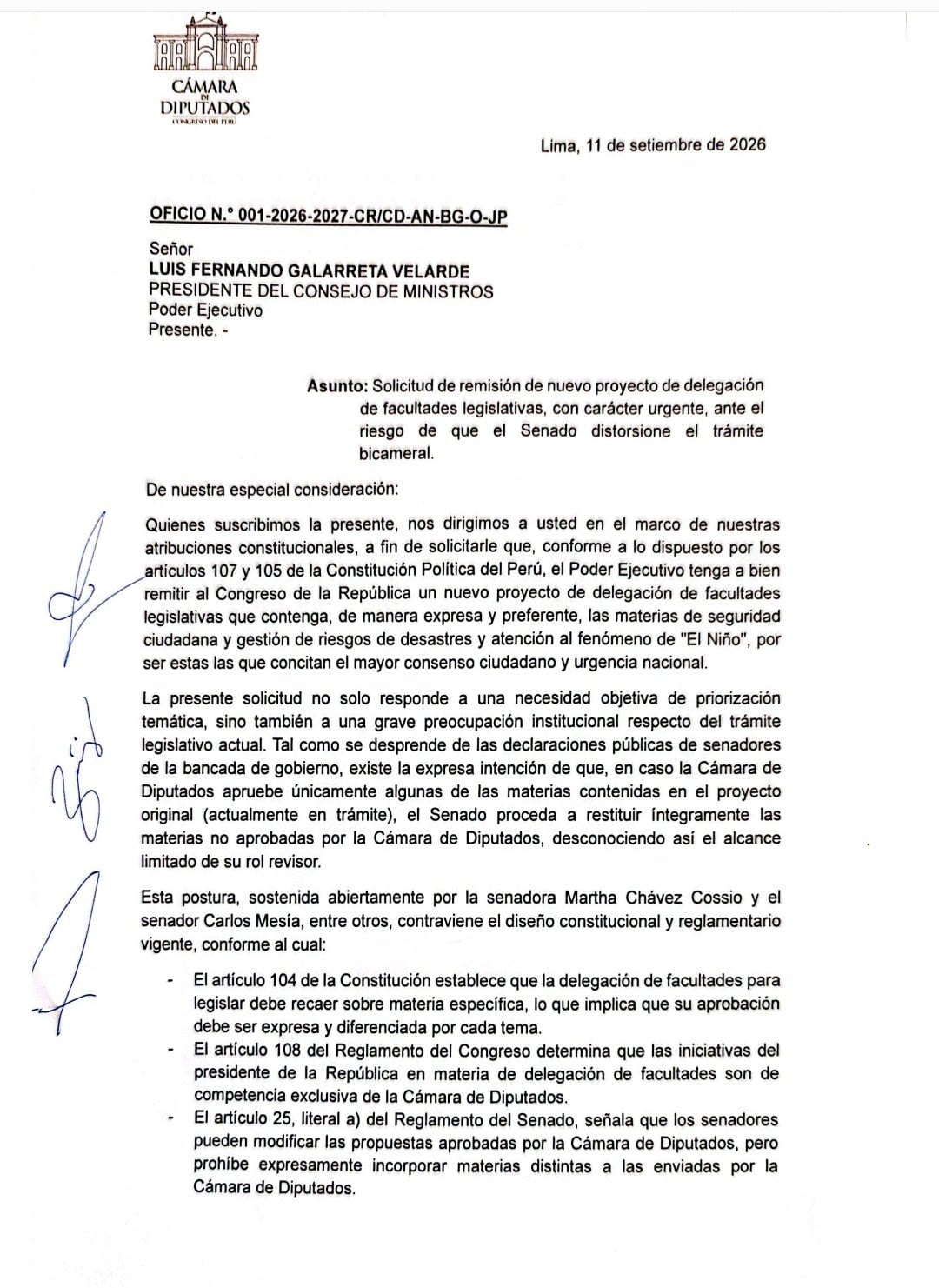 Un oficio de la Cámara de Diputados de Perú pide al Consejo de Ministros presentar un proyecto urgente de delegación de facultades en materia de seguridad y gestión de riesgos.