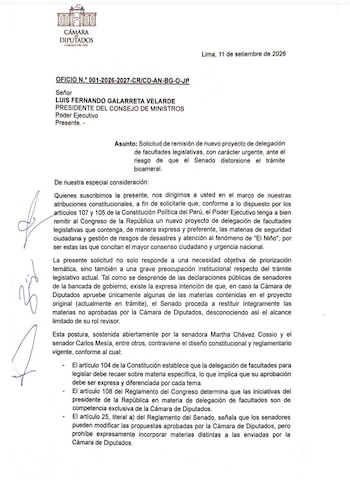 Un documento impreso con el membrete de la Cámara de Diputados del Perú, dirigido a Luis Fernando Galarreta Velarde, con texto y firmas laterales