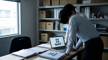 Dos personas en una oficina examinan documentos sobre una mesa y una laptop con el logo del SAT. Una estantería con cajas y archivos está en el fondo.