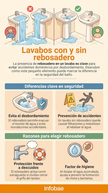 Infografía que muestra dos lavabos sin rebosadero desbordados y dos lavabos con rebosadero o vacíos, con textos e iconos explicativos.