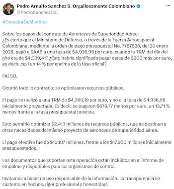 Pedro Sánchez afirmó que el desembolso se hizo a una tasa de $4.260,19 por euro, inferior a la prevista inicialmente. - crédito @PedroSanchezCol/X