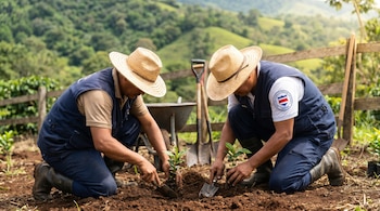 Dos personas con sombreros de paja y uniformes azul marino, arrodilladas, plantan pequeñas plántulas en tierra fértil. El logo de Migración Costa Rica es visible en una camisa.
