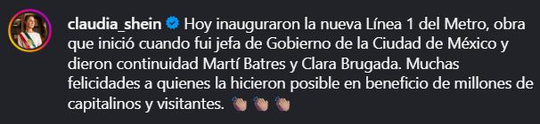 Felicitación de Claudia Sheinbaum por la reinauguración de la línea 1 del Metro de la Ciudad de México. Ig: @Claudia_shein