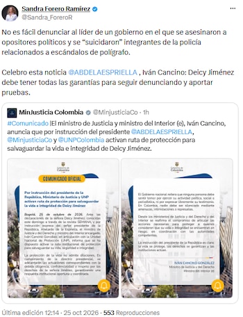Sandra Forero solicitó garantías para Deicy Jiménez - crédito @Sandra_ForeroR/X