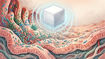 Un terrón de azúcar blanco rodeado de ondas y partículas se ubica sobre pliegues de tejido recubiertos por bacterias de diversos colores.