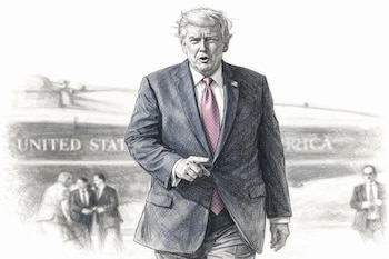 Ilustración tipo lápiz de Donald Trump en traje oscuro y corbata rosa, señalando, con el Air Force One y figuras borrosas de fondo.