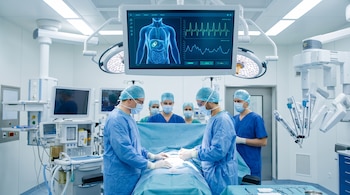 Vista amplia de un quirófano moderno con seis profesionales médicos alrededor de un paciente, bajo luces quirúrgicas y equipos avanzados, incluyendo un monitor con gráficos de salud.