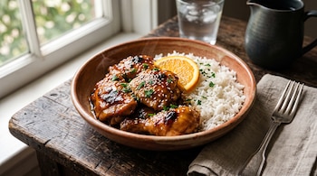 Un plato de cerámica con pollo glaseado, arroz blanco, sésamo, perejil y una rodaja de naranja sobre una mesa junto a un tenedor y un vaso.