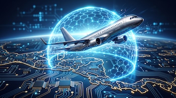 Un avión plateado vuela sobre una placa de circuitos con forma del mapa de América Central bajo un domo azul luminoso.