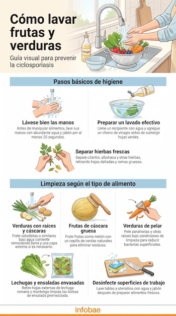 Infografía con ocho paneles que muestran el lavado de manos, hierbas, frutas, verduras y superficies de cocina.