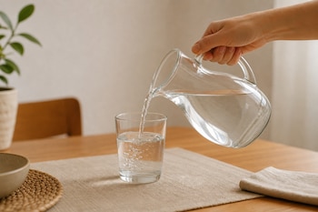 Una mano sostiene una jarra de vidrio llena de agua y la vierte en un vaso transparente sobre una mesa de madera.