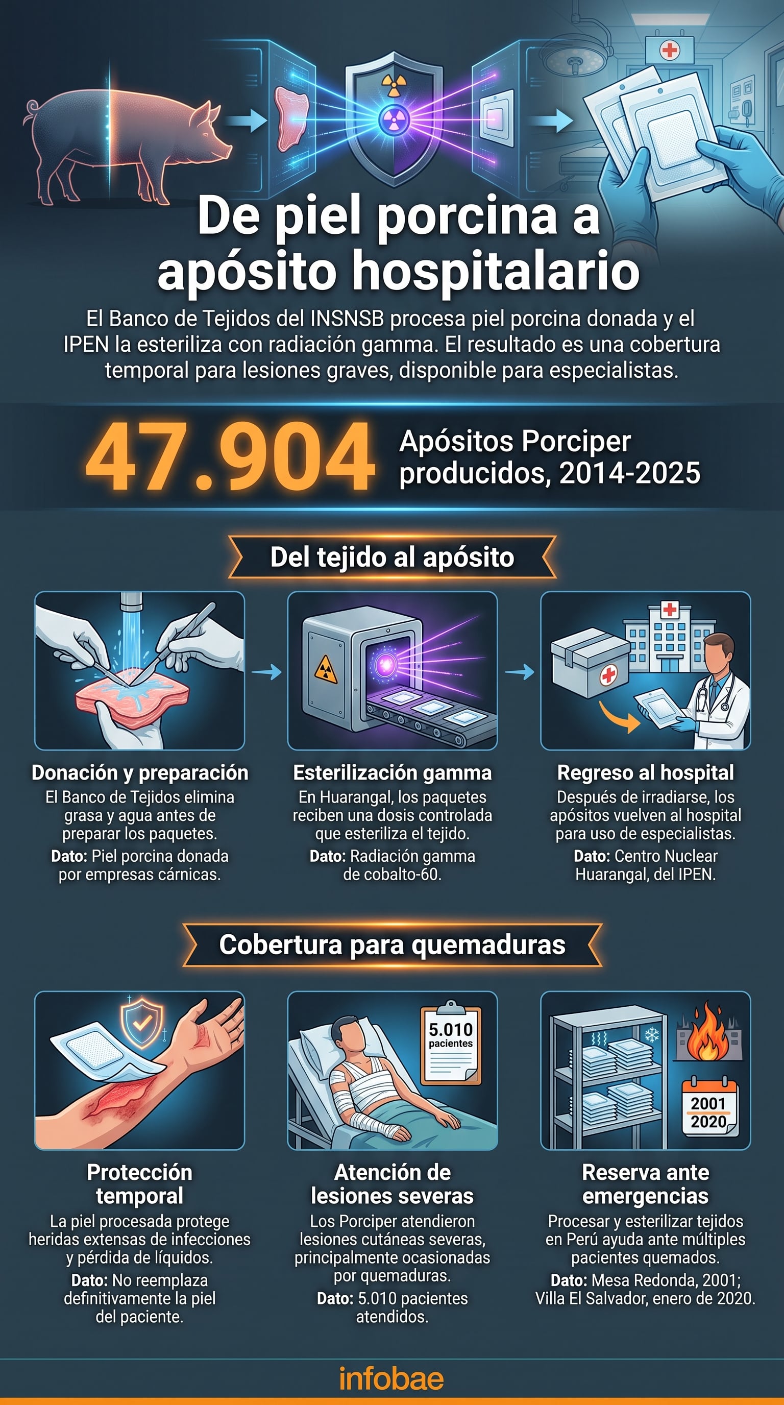 El Banco de Tejidos del INSNSB y el IPEN en Perú produjeron 47.904 apósitos de piel porcina para tratar pacientes con quemaduras entre 2014 y 2025. (Imagen Ilustrativa Infobae)