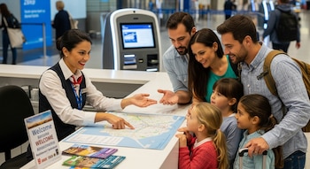 Una agente de aeropuerto sonriente señala un mapa a una familia de cuatro personas, incluyendo dos niñas, en un mostrador de información. Un cartel de "Welcome" está a la izquierda.