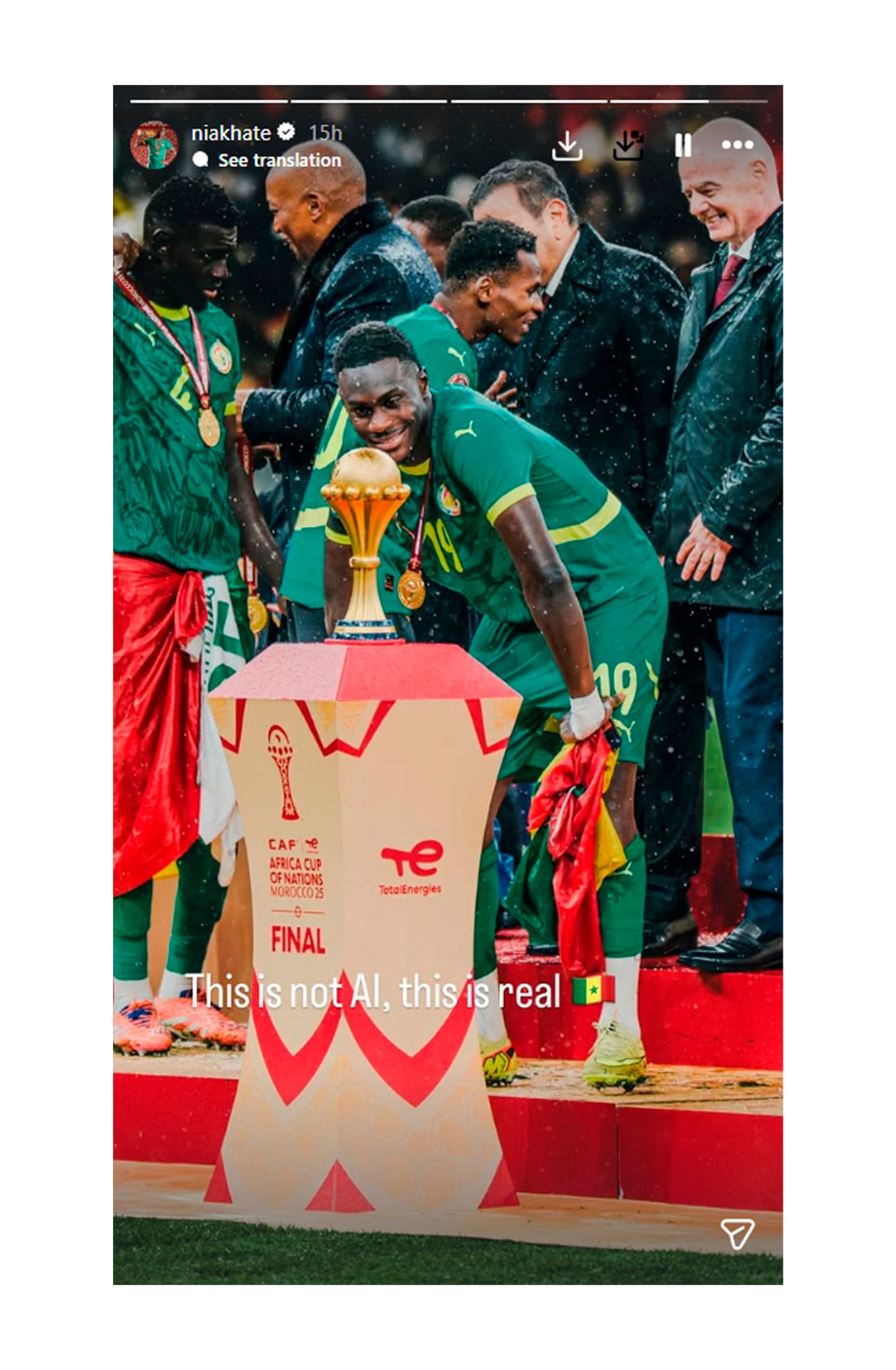 El posteo de Moussa Niakhate tras la decisión de la CAF en revocar el título de Senegal en la Copa Africana de Naciones (Instagram)