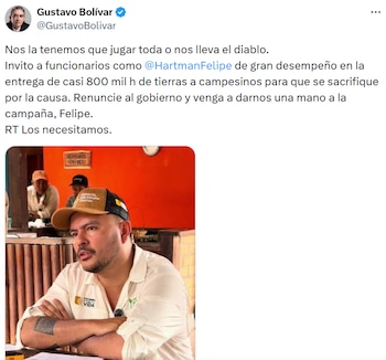 Gustavo Bolívar invitó públicamente a Harman a renunciar al Gobierno y vincularse a la campaña. - crédito @GustavoBolívar/X