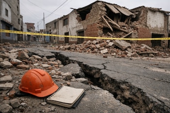 Una calle destruida con grietas y escombros. Al fondo, un edificio de ladrillo colapsado con cinta amarilla. Un casco naranja y una libreta están en primer plano.
