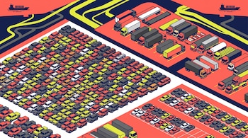 Ilustración isométrica con zonas ordenadas de automóviles, camiones de carga y barcos mercantes en el horizonte.