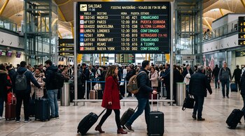 Pasajeros caminan con maletas frente a una gran pantalla electrónica de salidas de vuelos en la terminal de un aeropuerto.