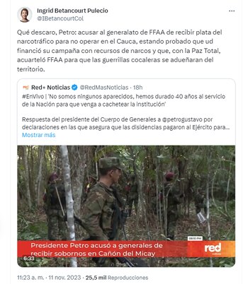 La excandidata presidencial volvió a criticar al presidente, esta vez por la denuncia que este hizo sobre varios generales de las Fuerzas Militares - crédito @IBetancourtCol/X