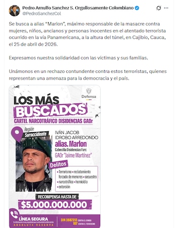 O dissidente das FARC Jaime Martínez é acusado de ser o responsável pela explosão em Cauca - crédito @PedroSanchezCol/X