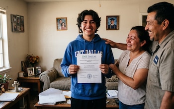 Un joven sonriente en sudadera azul sostiene un certificado de UNT Dallas que dice 'MATRÍCULA GRATUITA', mientras sus padres lo abrazan emocionados en su sala