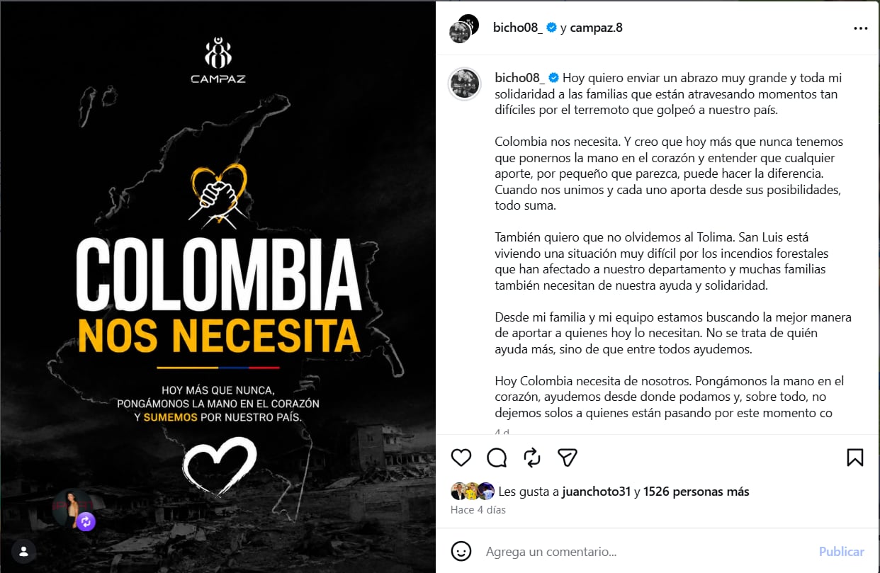Post de Jaminton Campaz sobre las víctimas del sismo y los incendios - crédito Instagram