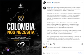 Post de Jaminton Campaz sobre las víctimas del sismo y los incendios - crédito Instagram