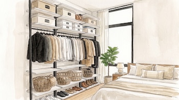 Un dormitorio con un armario abierto, estantes, ropa colgada, cajas, cestas, zapatos, una cama, almohadas, una mesa de noche, una lámpara, una planta y una ventana.