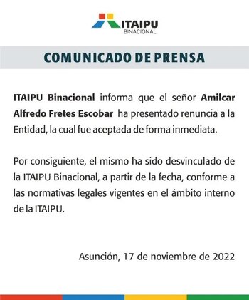 Comunicado de Itaipú Binacional tras