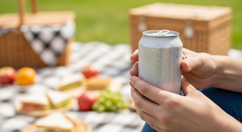 Primer plano de manos sosteniendo una lata de aluminio plateada y fría con condensación. Al fondo, una manta de picnic con comida y cestas.