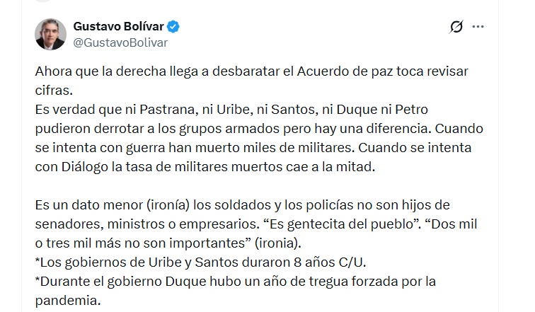 El exdirector del DPS Gustavo Bolívar aseguró que los diálogos de paz han servido para disminuir la muerte de uniformados en Colombia - crédito @GustavoBolivar/X