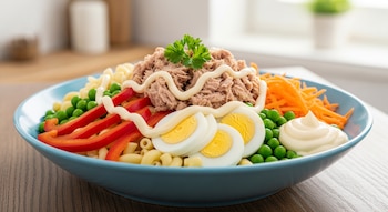 Plato azul con ensalada de fideos, atún desmenuzado, tiras de morrón rojo, rodajas de huevo duro, zanahoria rallada, arvejas y mayonesa.