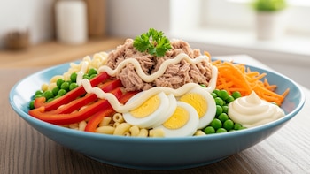 Receta de ensalada de fideos con atún, rápida y fácil