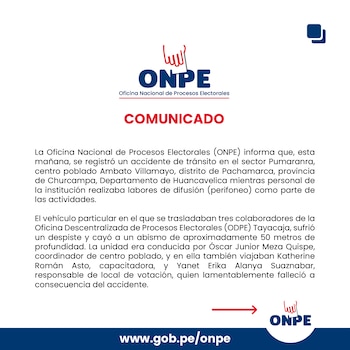 Imagen con fondo blanco y azul que presenta el logotipo de la ONPE y el texto de un comunicado oficial sobre un accidente vehicular