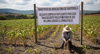 Un agricultor arrodillado en un campo de maíz con tierra agrietada, bajo un cartel que anuncia el recorte de presupuesto para fertilizantes en Guatemala.