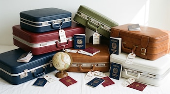 Maletas de viaje apiladas con pasaportes dominicanos, de Estados Unidos, España, Chile, Canadá e Italia, un globo terráqueo y etiquetas.
