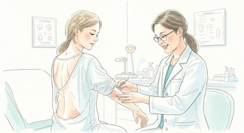 Dermatóloga con bata blanca examina el brazo de una paciente sentada con camisa de hospital. Presenta erupciones cutáneas. Consultorio médico.