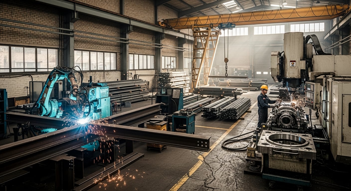 Un robot de soldadura automatizado y un operario trabajan simultáneamente en una planta de la industria metalmecánica, demostrando la coexistencia de la automatización y el talento humano en la producción moderna. (Imagen Ilustrativa Infobae)