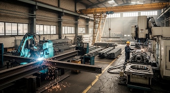 Interior de una planta industrial donde un robot suelda vigas metálicas y un operario trabaja en una máquina, con pilas de metal y maquinaria pesada.